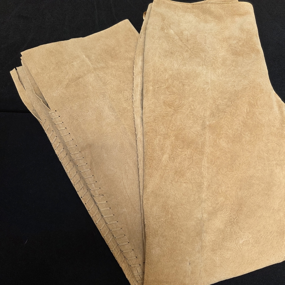 Suede Leather Pants Embossed Size 12 Bell Bottom Flare Leg Long